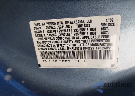 2009 Honda Odyssey Ex-L from USA, damaged, VIN 5FNRL38719B040295